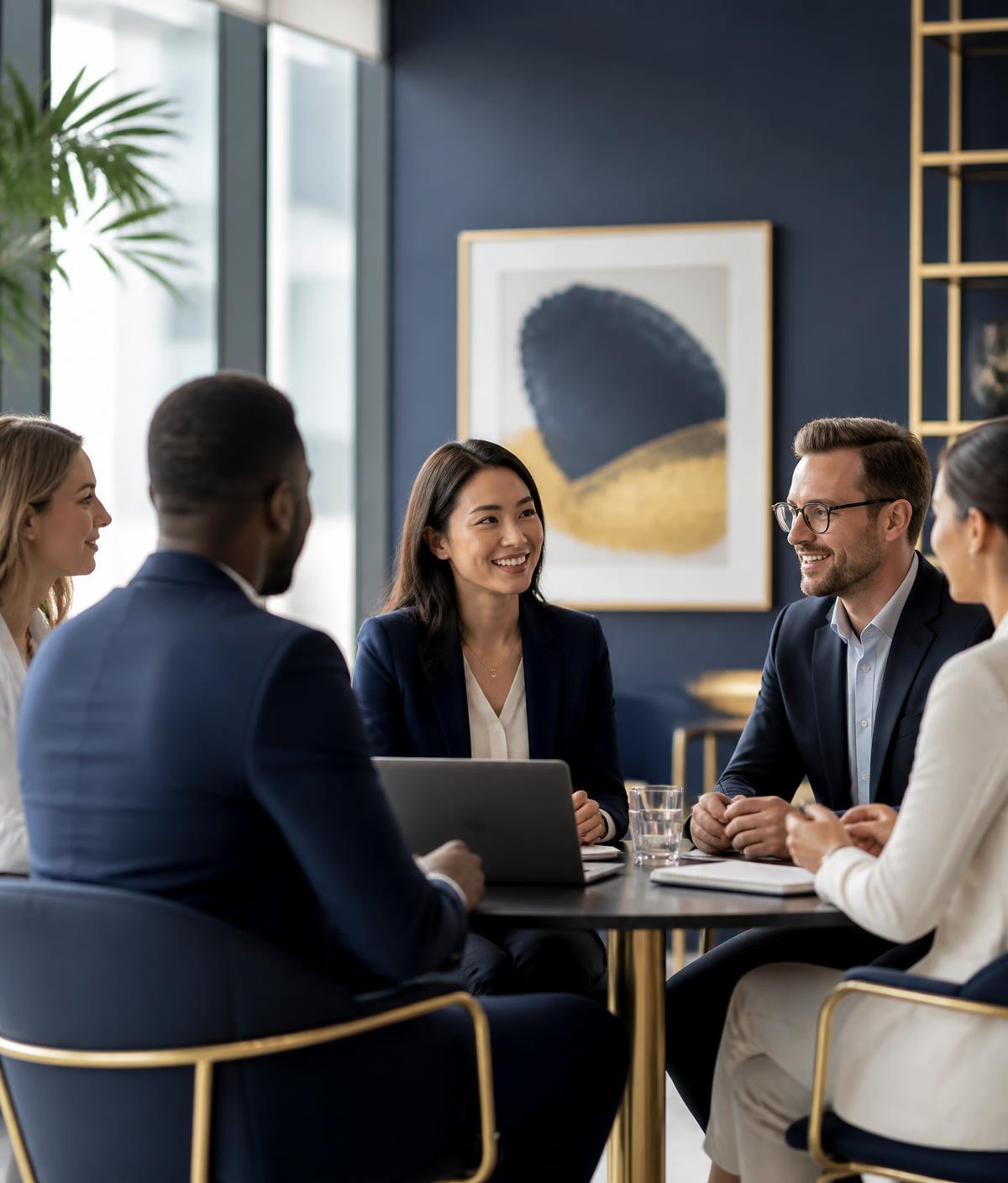 Diverse professionals in discussion in a modern office