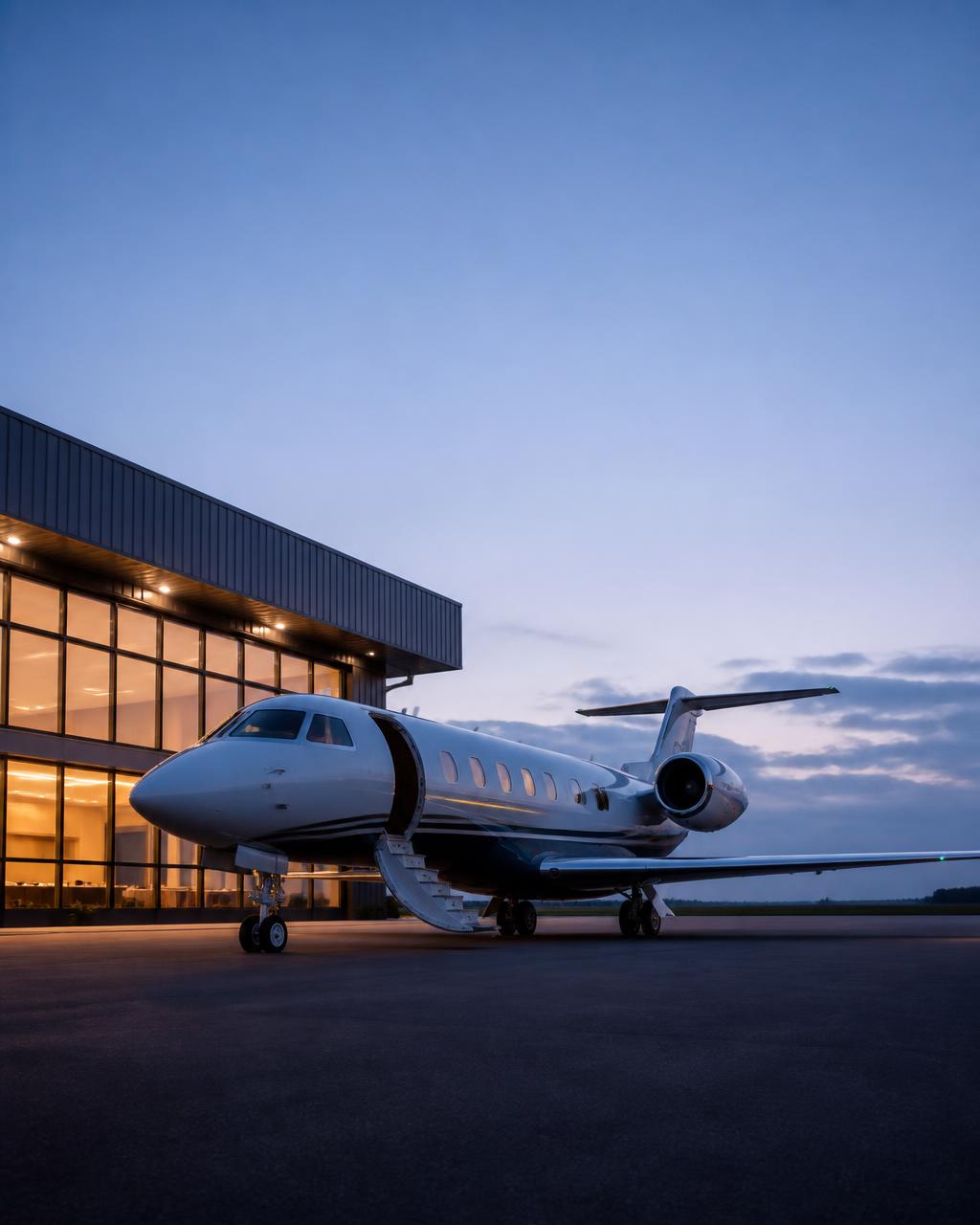 Private jet at a modern private aviation terminal at dusk