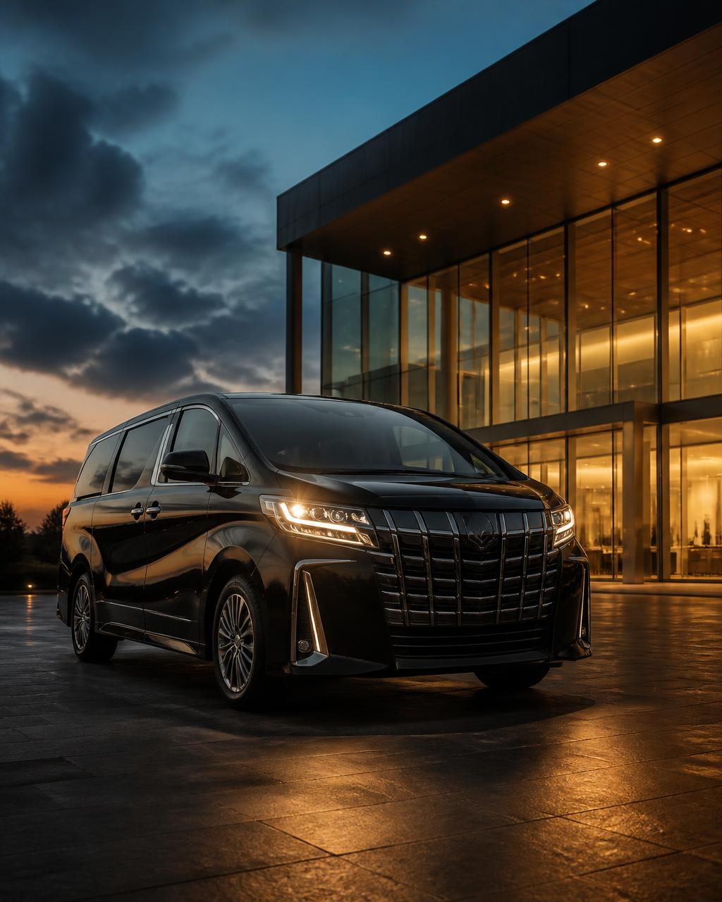 Executive luxury MPV outside a modern city office building