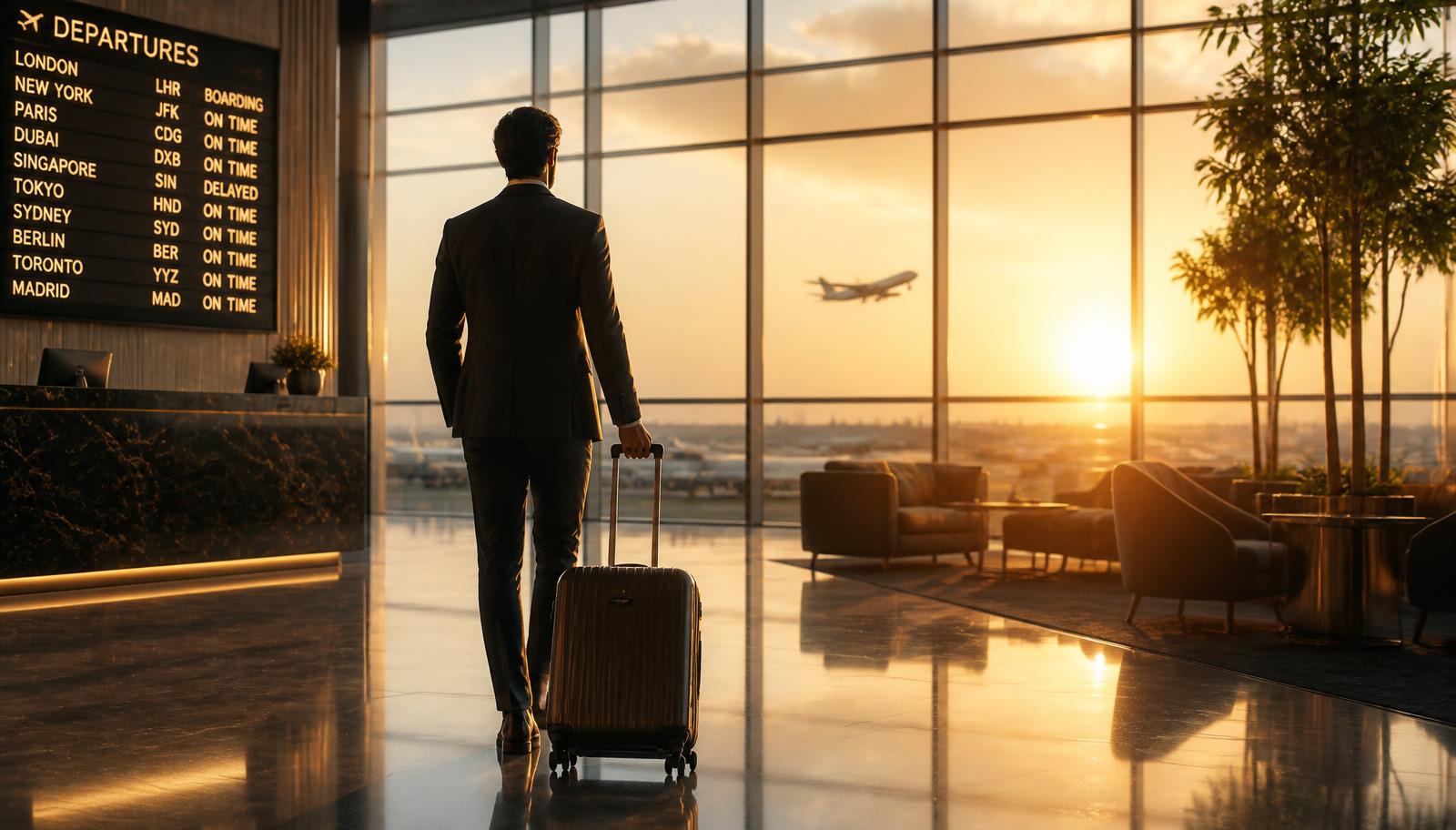Traveller walking through a sunlit international airport terminal at golden hour